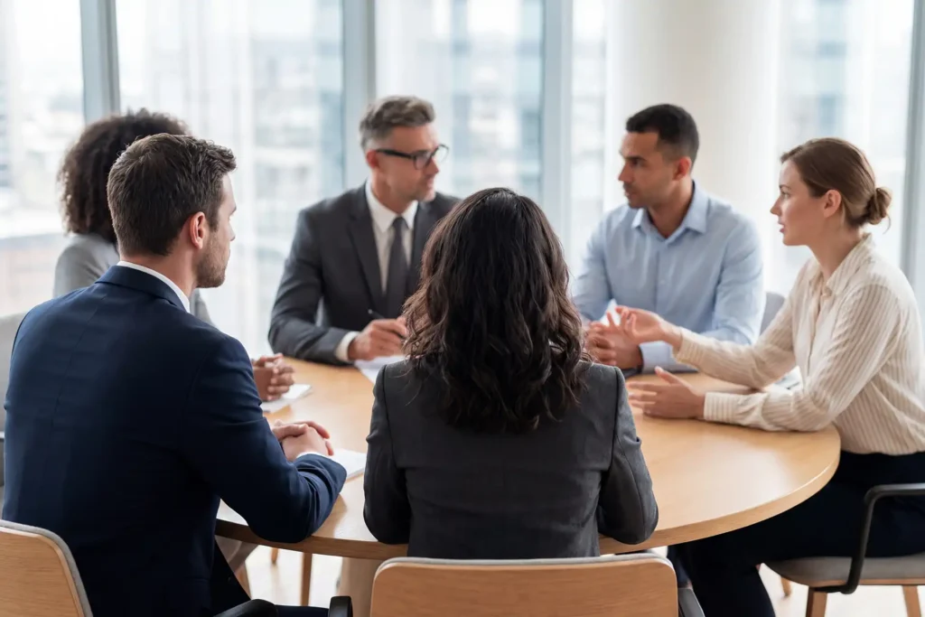 Diverse business team sitting at round table