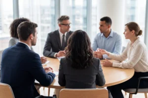 Diverse business team sitting at round table